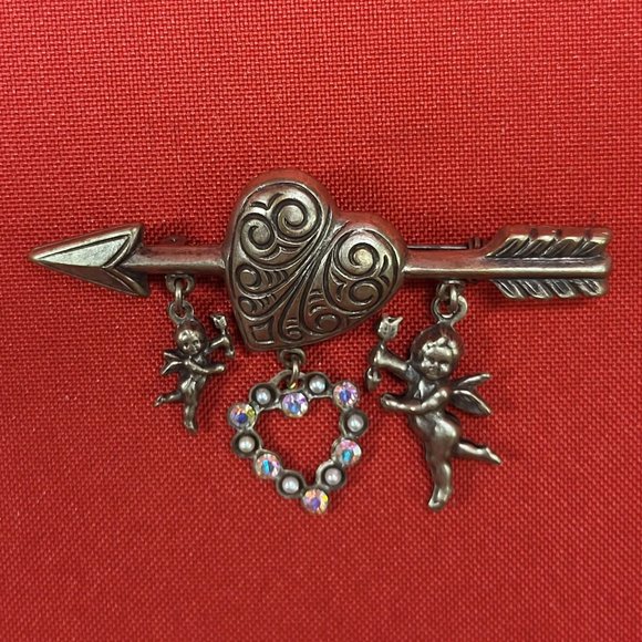 VTG Pin Brooch Arrow Through the Heart Hanging Angels - Picture 9 of 11